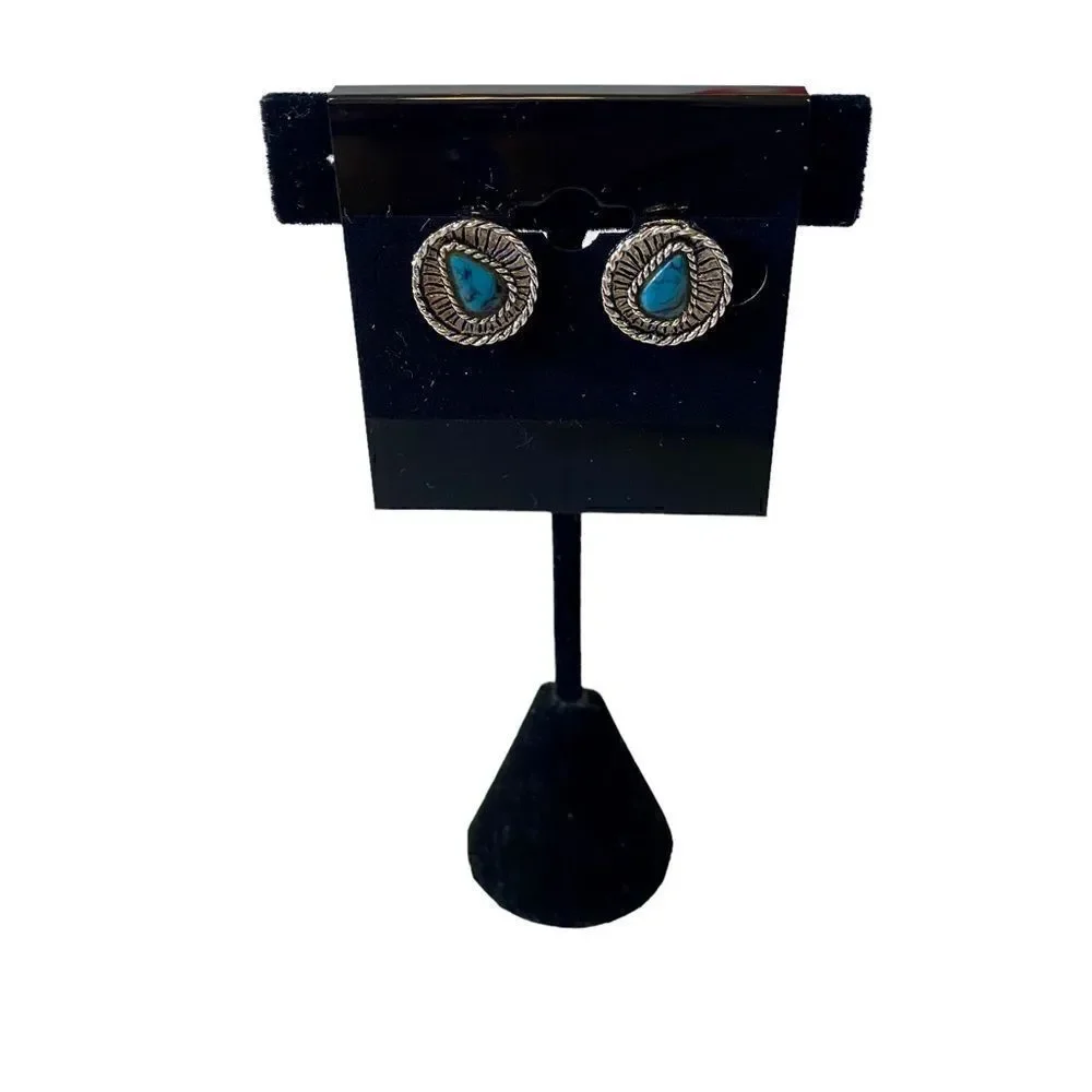 Southwest Style Button Earrings w/ Marbled Faux Turquoise Center.